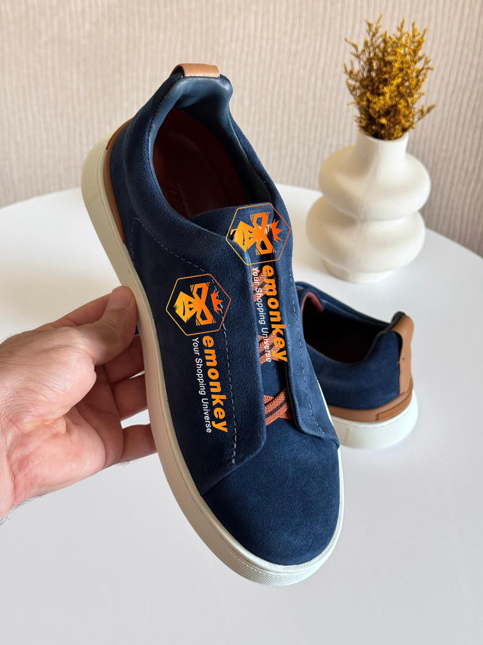 Navy Blue Red-Black-Shoelaces Deerskin Triple Stitch™ Sneakers
